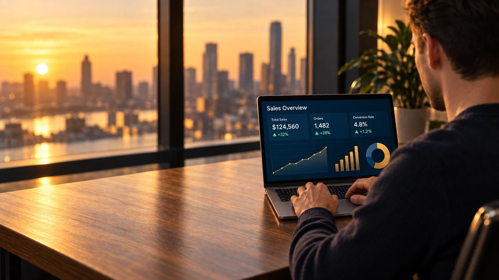 A person reviewing an online sales dashboard at sunset